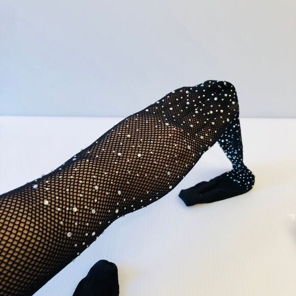 Rhinestone Black Fishnet Tights Romantic Goth Fairy Core - Picture 4 of 6